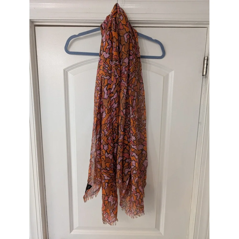 Saks Fifth Avenue Wool Silk Abstract Print Scarf Orange Fringe O/S fall earthy